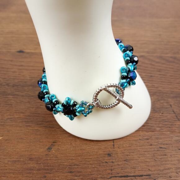 HANDMADE Teal, Aqua and Jet AB Star-crossed bracelet Unique Festival Artisan - Picture 5 of 6